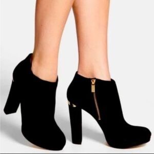 Michael Kors Black Suede High Heel Ankle Booties with Gold Zipper